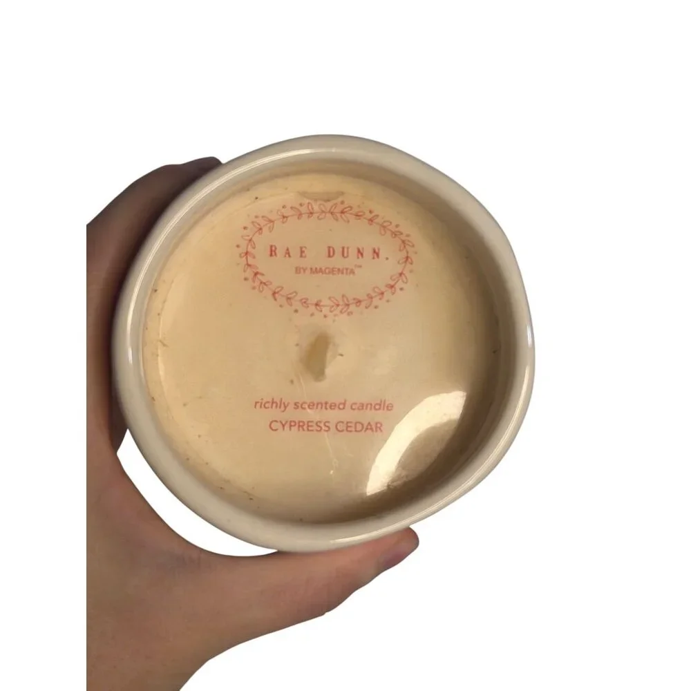NEW Rae Dunn Magenta Peace Cypress Cedar Scented Candle 7 oz‎ Ceramic Jar Beige